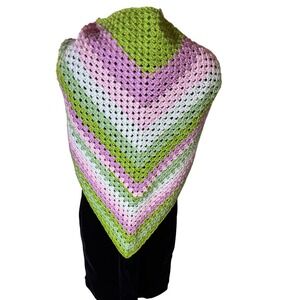 Vintage Crochet Shawl Wrap Cottage core Green Pink White Bohemian WICKED